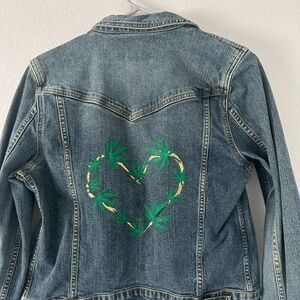 Abercrombie & Fitch Women Jacket Size (M) Blue Denim Cropped Heart Graffiti Art